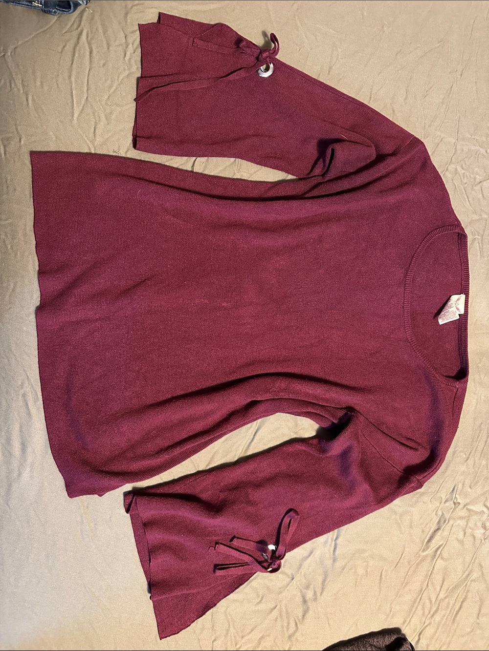 Faded Glory Burgundy Bell Sleeve Crewneck Sweater with Tie Detail
